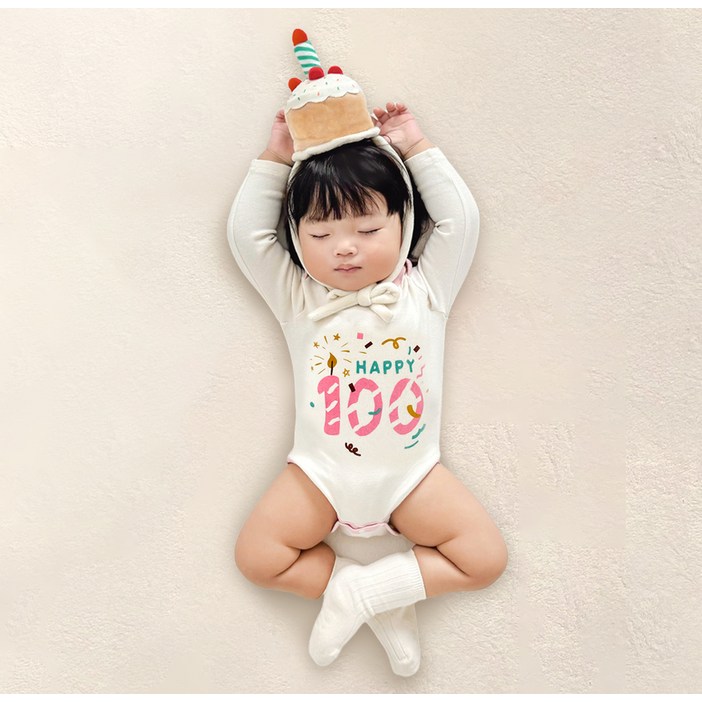 이키 유아용 100일 기념 바디수트 긴팔 + 케이크 모자 + 기프트 박스 + 쇼핑백