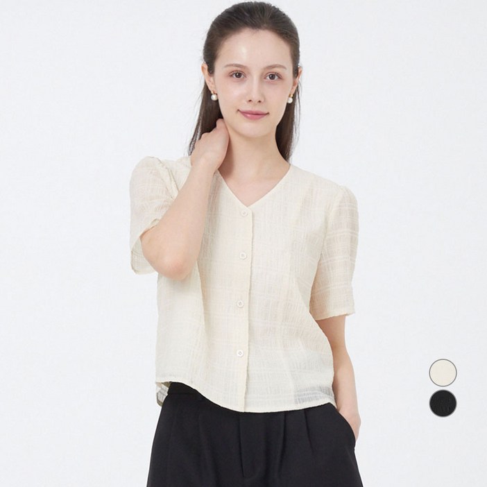 ELLE PARIS 여성용 링클 자카드 브이넥 블라우스