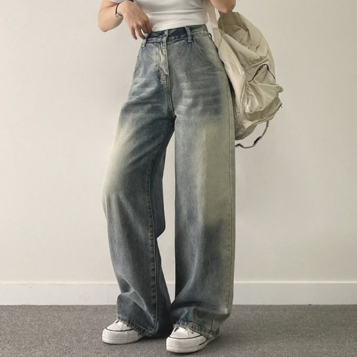 위드후이린 여성용 보이 와이드 데님 팬츠