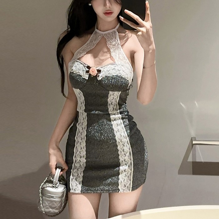 글램디브 헤니브 홀터넥 레이스 클럽 미니원피스 AE1362