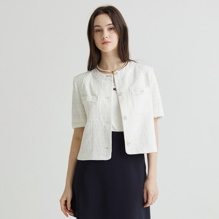 나이스클랍 여성용 크롭 라운드넥 트위드 자캣