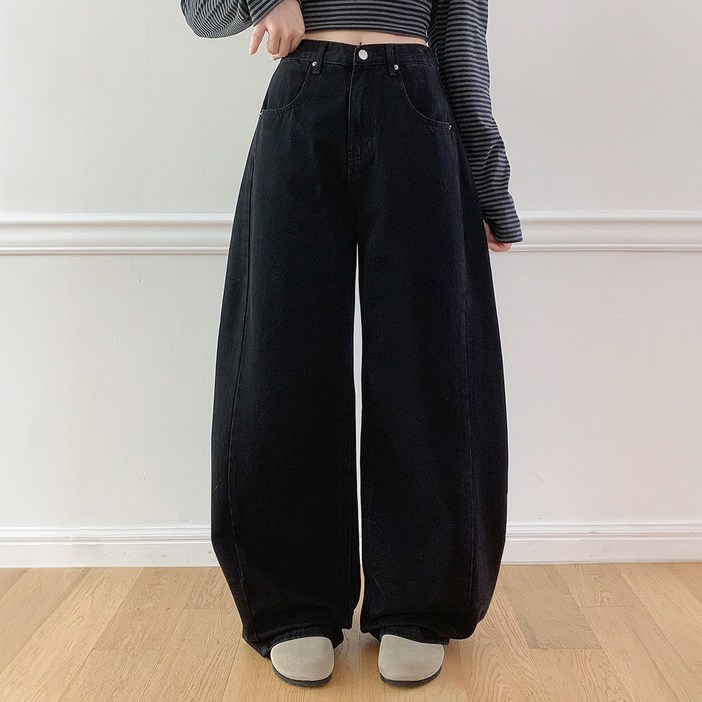 플랜데이 여성용 숏미디움롱 기장 에즈 절개 워싱 와이드 데님 팬츠
