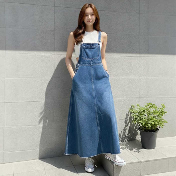 메이첼 소란 빅사이즈 오버롤 루즈핏 데님 맥시 롱 멜빵 스커트 12473
