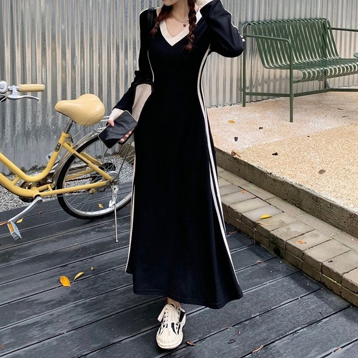 더시럽 여성용 V넥 슬림 라인 스포티 롱 A라인 원피스