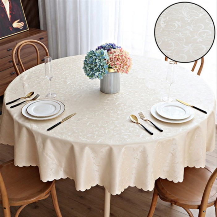 마켓피오 원형 레트로 패턴 방수 식탁보, 만녕청베이지, 120cm
