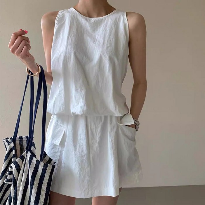 CABULE 여름 여성용 크롭 지퍼 나시 셔츠  허리 밴딩 팬츠스커트 투피스 세트