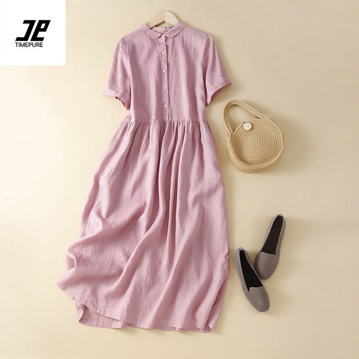 여성 시원 편안 면 마 소재 오버핏 A라인 롱 원피스 캐주얼한 디자인 봄 여름 가을 매력 반팔 스타일 활동적 일상 생활 안성맞춤 새로운 시즌스타일링