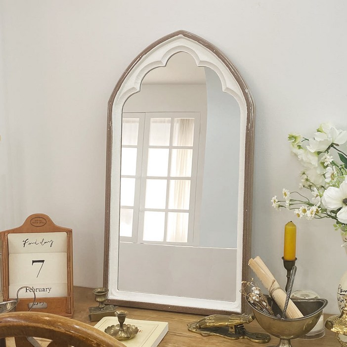 우드 아치 거울 앤틱 벽걸이 카페 화장대