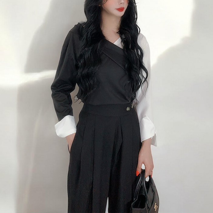 하루유키 배색블라우스 셔츠 간절기 언발 오프숄더 3Color