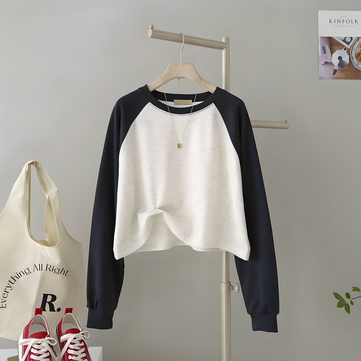 샵159 여성용 배색  레글런 크롭 긴팔 티셔츠