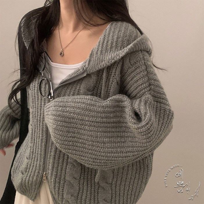 예쁨시전 데일리 원픽 오버핏 투웨이 꽈배기 니트 후드 가디건