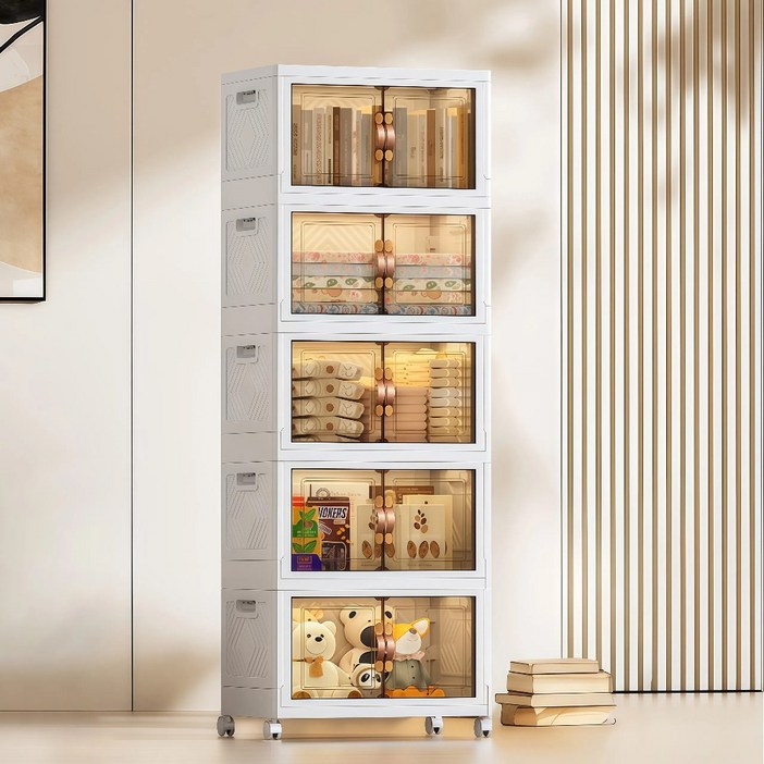 YEAAYE 더블 도어 멀티 레이어 접이식 수납함 바퀴 버전, 화이트