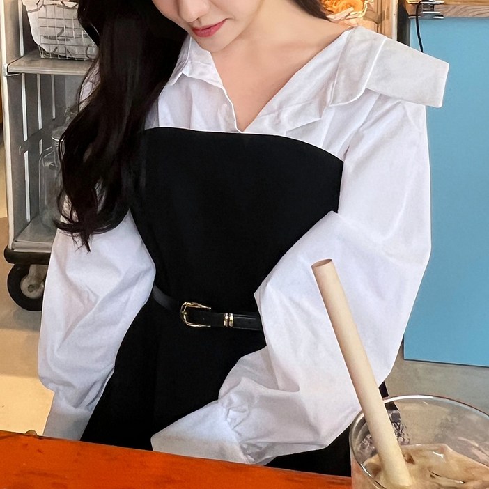 커밍투유 오프숄더 셔츠 레이어드 훌 롱 원피스 하객룩