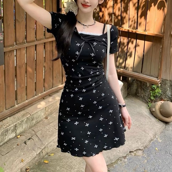 cammello 작은 리본 패턴 레이어드 반팔 미니 롱 원피스 기장 선택 골지 드레스