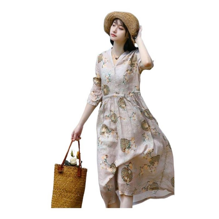 티류으스 중년 여성 에스닉 7부소매 잔꽃 셔츠원피스 아사면 시원한 여름 휴양지룩 데님 원피스 H070745