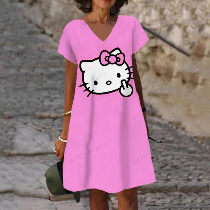 산리오 헬로 키티 반팔 여성 의류 여름 원피스 라지 사이즈 루즈 캐주얼 A라인 2024 고퀄리티 BE3150679