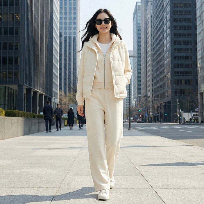 프리지안느 여성 크림아이보리 3피스 트레이닝세트 후드집업베스트와이드팬츠 데일리룩