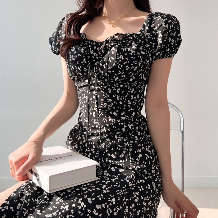 투디 투웨이 밴딩 퍼프 반팔 리본 플라워 롱원피스, 3컬러 투디 투웨이 밴딩 퍼프 반팔 리본 플라워 롱원피스, 3컬러