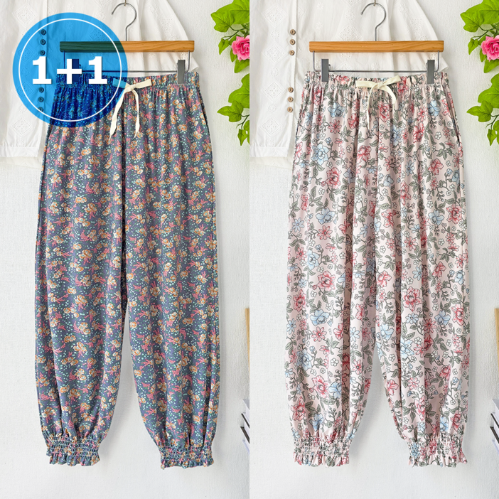 퀸즈몰 여성 냉감 꽃무늬 쿨링 사방스판 밑단 소세지 바지 빅사이즈 쿨바지 628