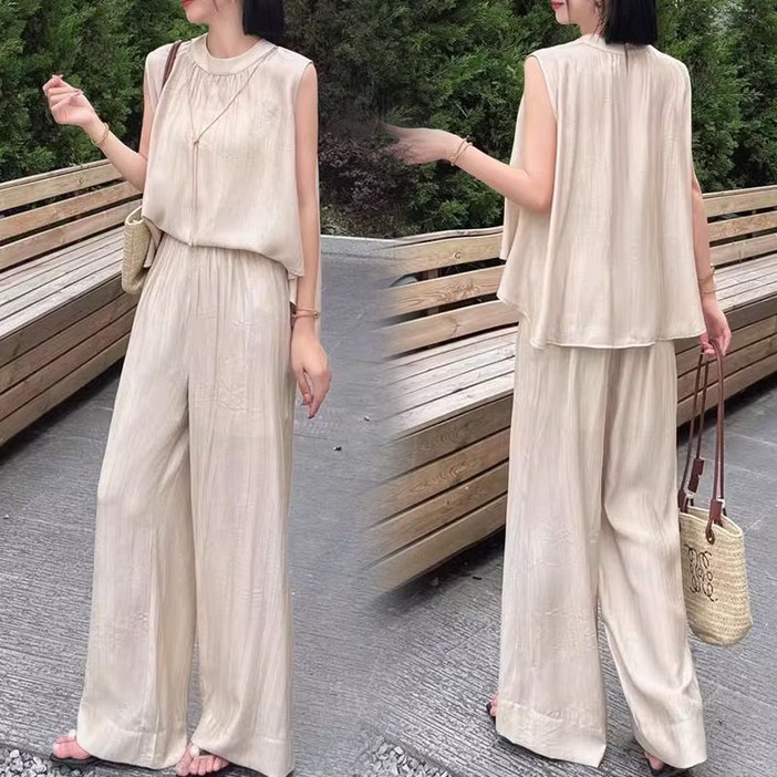 Asure 여자 여름 민소매 블라우스루즈핏 와이드 팬츠 투피스