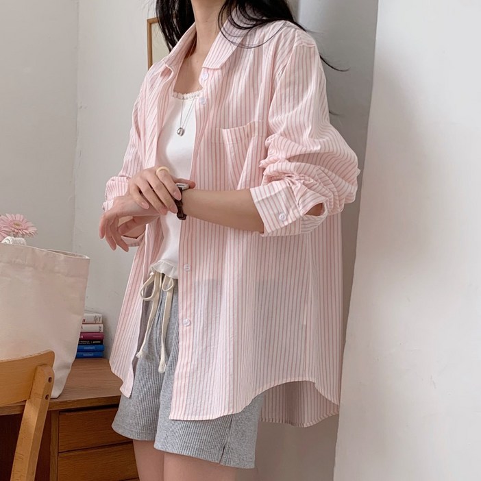 뉴데이데일리 여성 스트라이프 셔츠 긴팔 반팔 시어서커 카라셔츠 빅사이즈 루즈핏