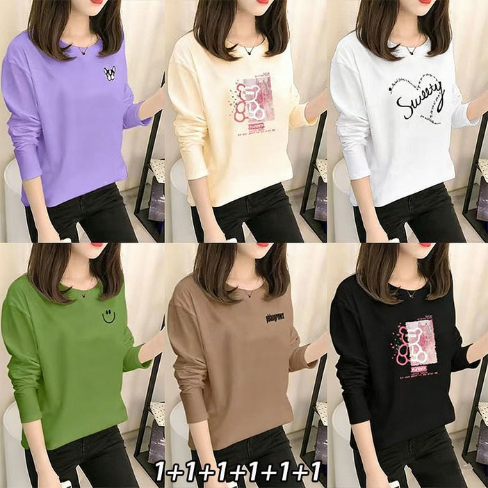 YLEMI 111111 봄 가을 사계절 간절기 이너 기본 티셔츠 여유로운 여성 긴팔티셔츠