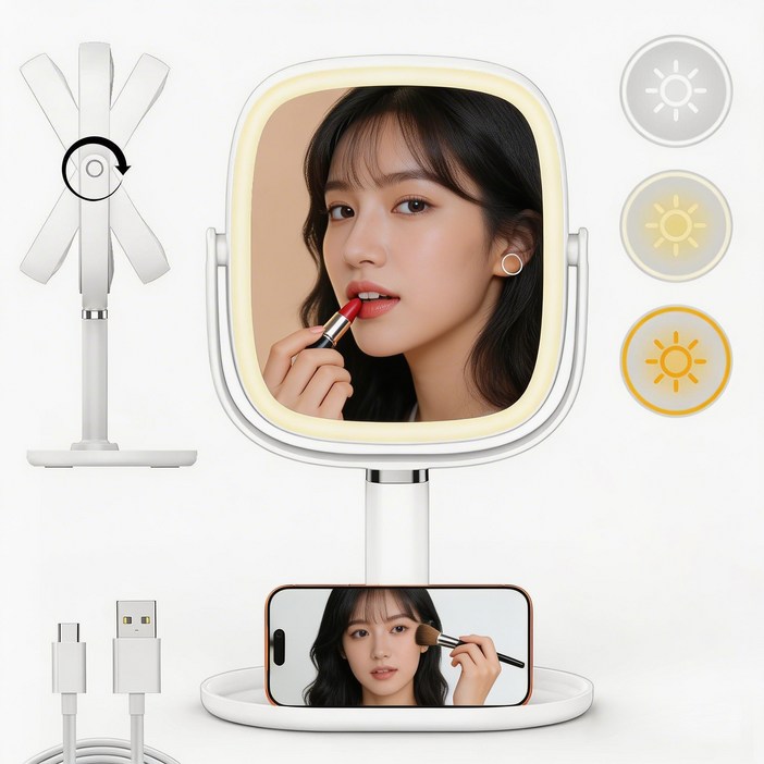 LED 조명 탁상 화장거울 360도회전 1배10배 확대 3000mAh, 화이트