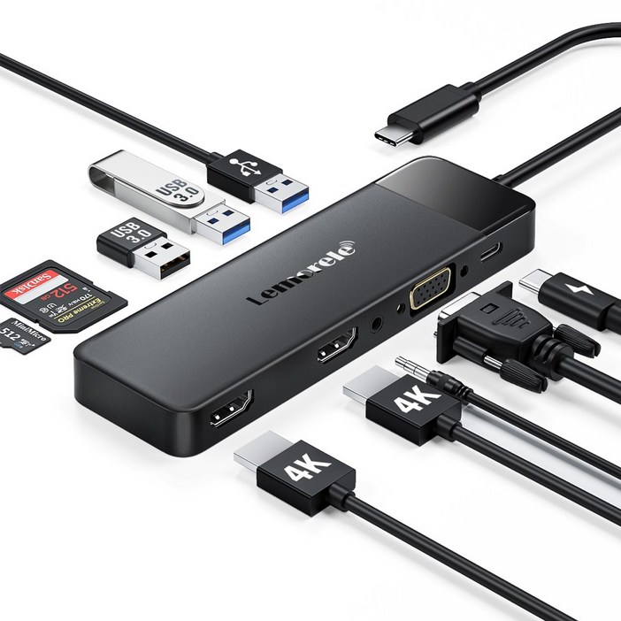 Lemorele 10 in1 USB C 허브 유형 C 도킹 스테이션 PD 100W 4K HDMI USB 3.0 허브 SDTF 카드 슬롯 VGA 포트, 1개