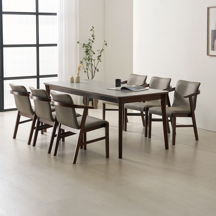 라로퍼니처 위니 1900 포세린 통 세라믹 6인 고무나무 원목 식탁 세트