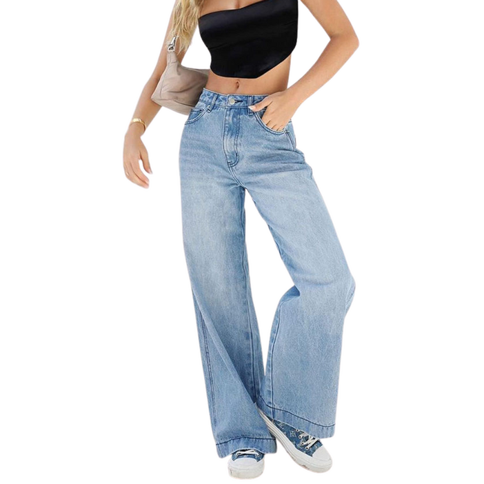 에미올 빈티지 워싱 스판 미드웨이스트 와이드 레그 데님팬츠 EPJN001