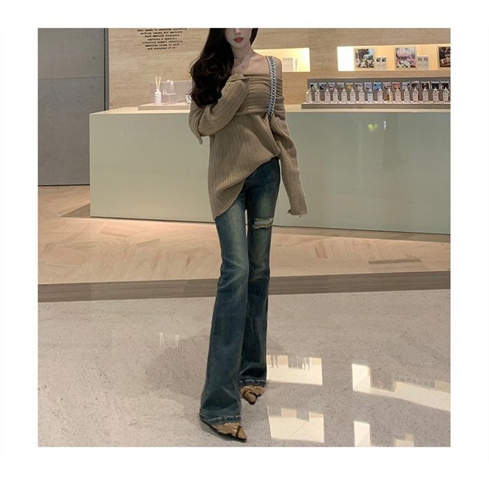 여성 빈티지 블루 찢어 데님 팬츠 세미 일자 디스트로이드 청바지