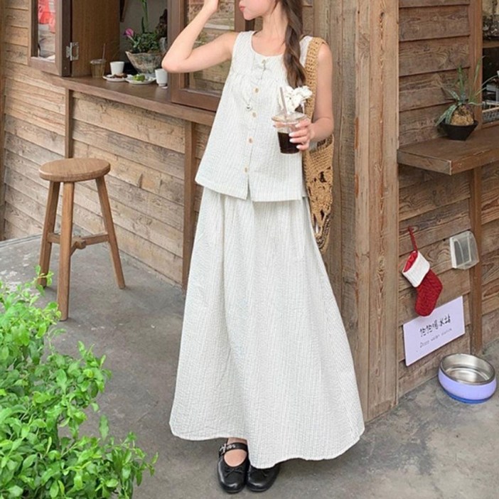 여성 스트라이프 나시 롱스커트 세트 베이지 1P 셋업 끈 투피스 여행룩