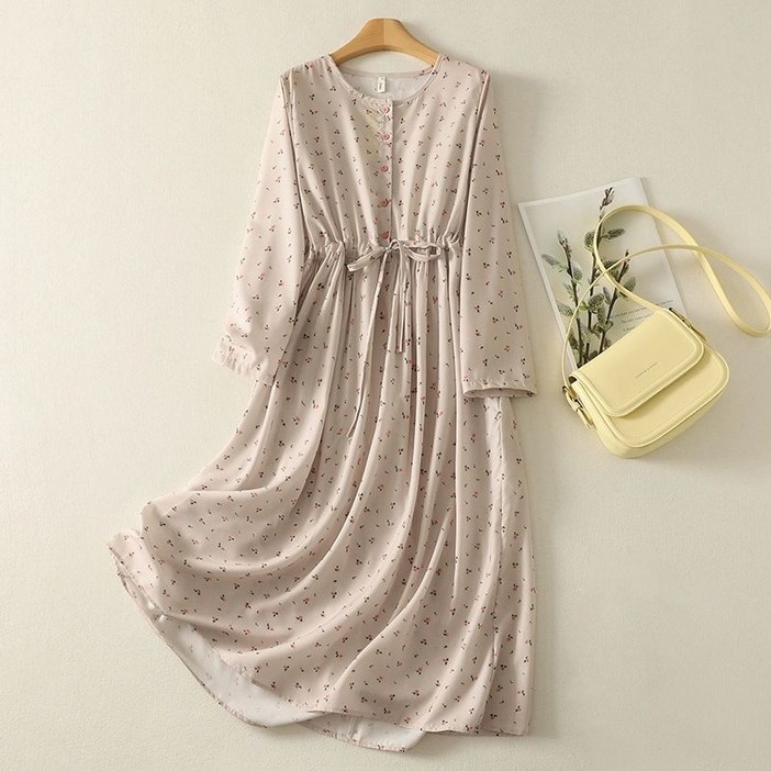 COSYEVNO 긴팔 원피스 플라워 허리 조임 패션 여성 봄 쉬폰 롱스커트