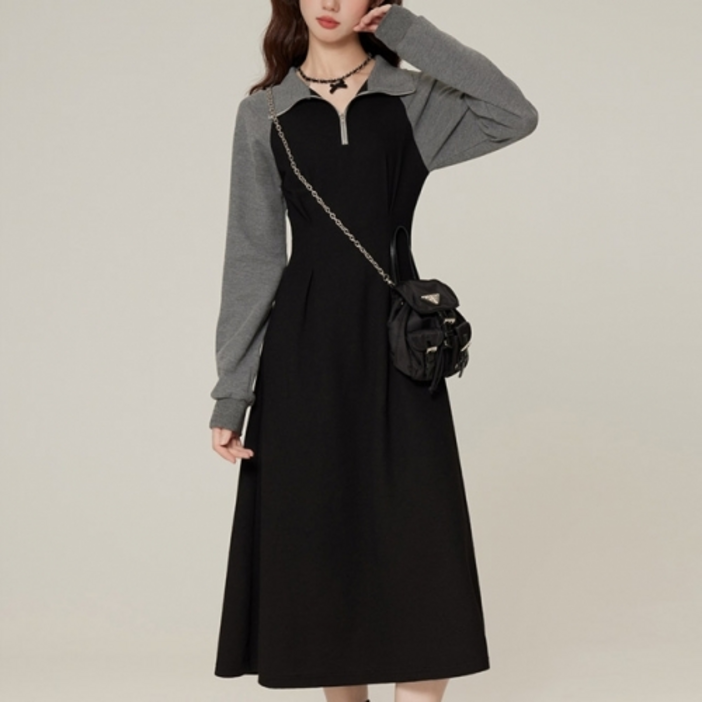 배색 집업 롱원피스  레글런소매 A라인 캐주얼 여성 원피스