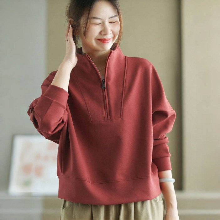 ROYALBELLE 여성 하프집업 스탠드넥 루즈핏 캐주얼 오버사이즈 티셔츠 Y0101609 ROYALBELLE 여성 하프집업 스탠드넥 루즈핏 캐주얼 오버사이즈 티셔츠 Y0101609
