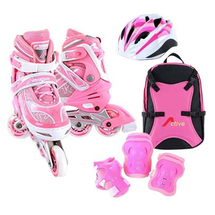 [인라인세트] 사이즈 조절형 아동용 발광바퀴 인라인 스케이트+헬멧+보호대+가방, 스마트 핑크 롤러스케이트