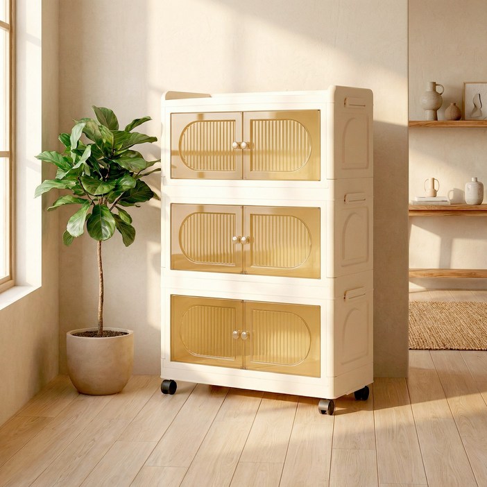 SHEU 플라스틱 리빙박스 접이식 다용도 이동식 수납장 대용량 정리함 거실 부엌 침실 폴딩박스 3단 4단 5단 수납장, 투명, 3개