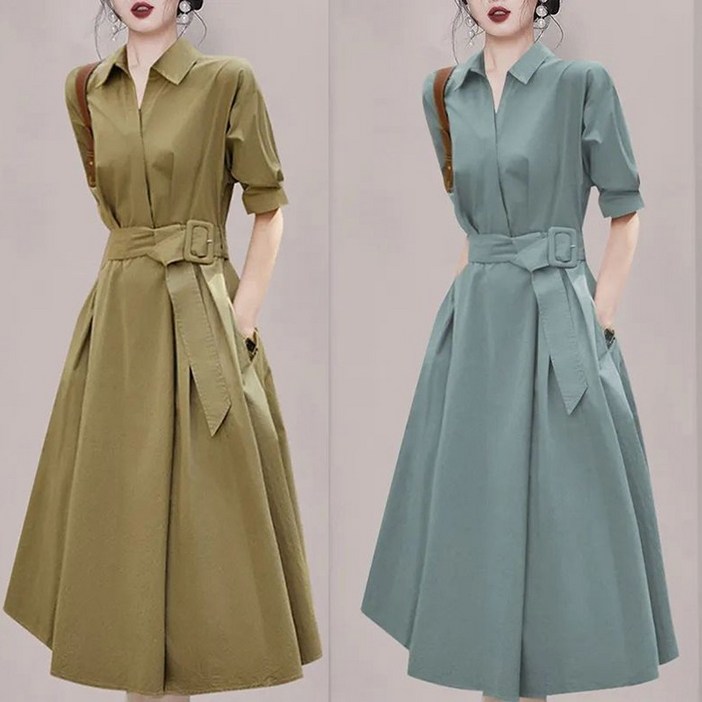 여름 신상 프렌치 부드러운 정장 셔츠원시츠 허리 벨트 조임 a라인 미디기장 반팔 하객룩원피스 오피스룩 원피스 3xl까지
