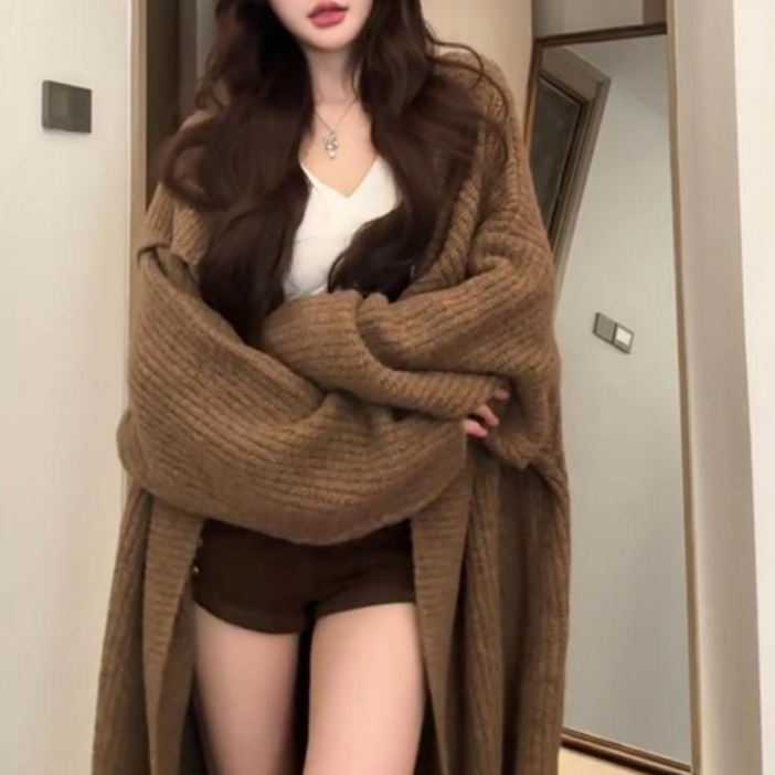 가을겨울 오버사이즈 브라운 니트 롱가디건 여성 벨트디자인 코디필수
