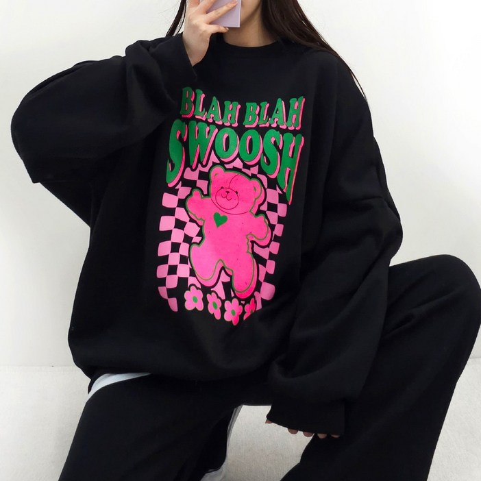 4XL, 2COLOR 스우시곰돌 맨투맨 기모ver. 5599까지 오버사이즈 남여공용 기모 겨울 홈웨어 박스맨투맨
