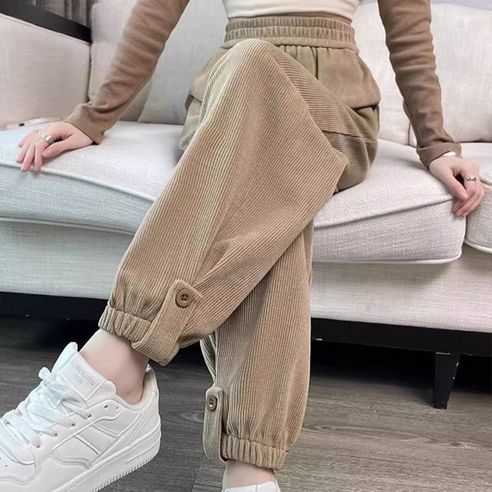 여성용 코듀로이 허리 밴딩 캐주얼 따뜻한 와이드 트레이닝 배기 조거 팬츠 슬림소녀