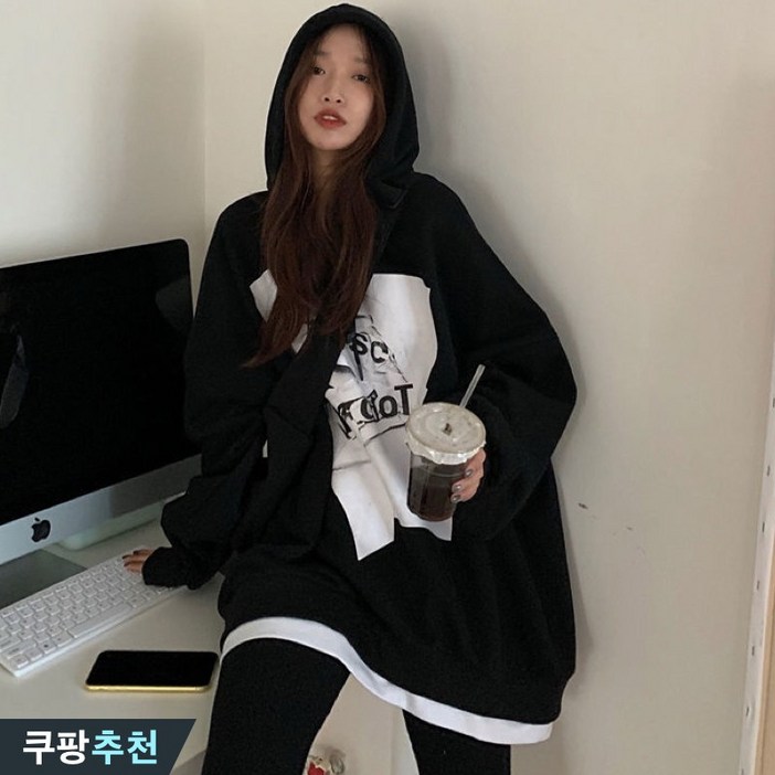 150kg까지 빅사이즈 여성 루즈핏 패션 페이크 레이어드 후드티 긴팔티 봄 가을 편한 스트링 캐주얼 디자인 프린팅 이어붙이다 박스 오버핏 3xl 4xl 하프 데일리 맨투맨티