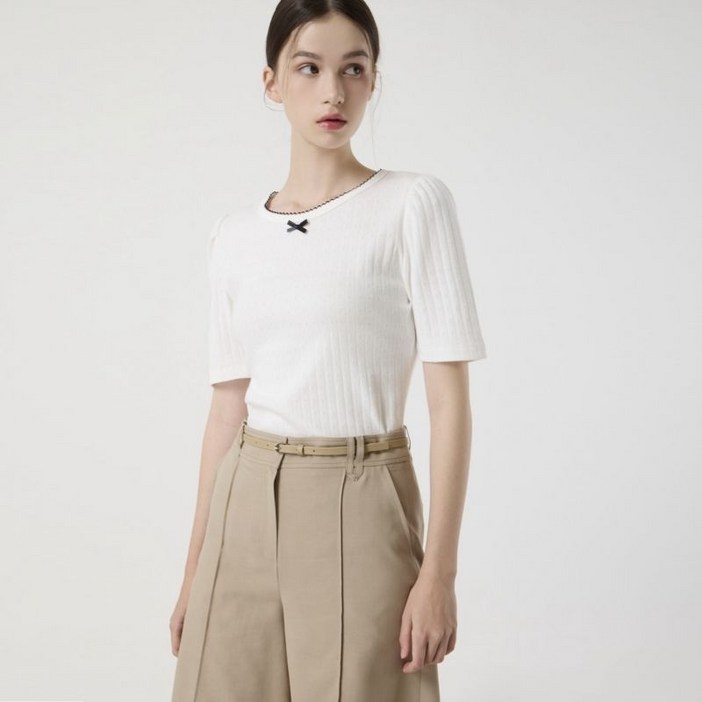 백화점 정품 CC콜렉트 반팔티셔츠 리본 퍼프 소매 티셔츠C252PSM051