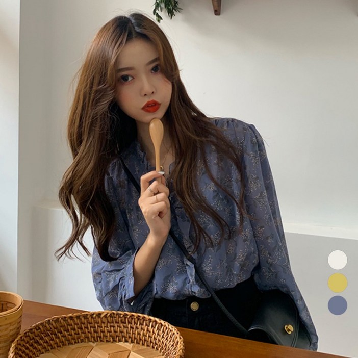 라라벨 여성용 블라우스 브이넥 플라워 프릴 로맨틱 데일리 긴팔 블라우스