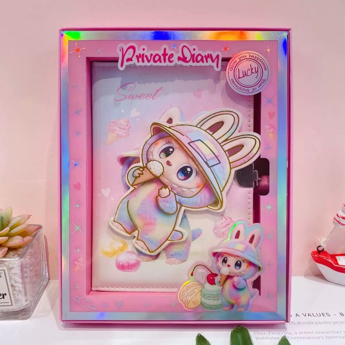 라부부 산리오 캐릭터 회전 노트 로커 세트 일기장 다이어리 선물 상자, 핑크, 1개