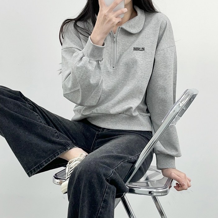꾸안꾸 귀여움보장 베를린 자수레터링 카라반집업 세미크롭 맨투맨 키작녀 셔츠 니트 빅사이즈 크롭맨투맨 4color