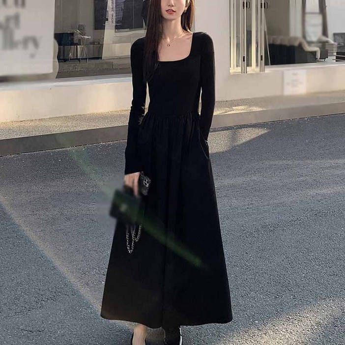 AOKADA 여성 스퀘어넥 봄 가을 긴팔 슬림 A라인 오피스룩 하객룩 롱 원피스