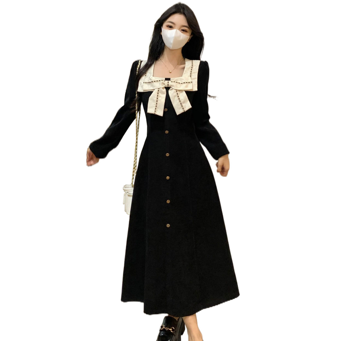 셀럽당 여성 스퀘어넥 롱스커트 긴팔 A라인 롱원피스 YR0309KR