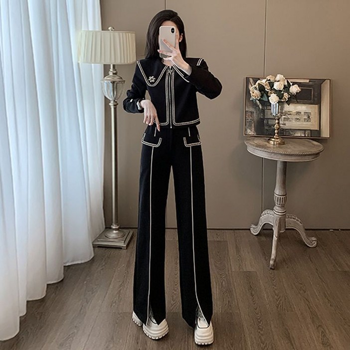 COSYEVNO 여성 트레이닝 세트 가을 빅사이즈 루즈핏 패션 캐주얼 집업 숏 톱하이웨이스트 와이드 팬츠 투피스 lyjnstz11