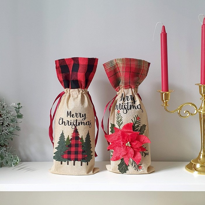 크리스마스 와인병 백 캐리어 커버 2type 와인 크리스마스 파티 테이블 소품 장식 성탄, 포인세티아, 1개